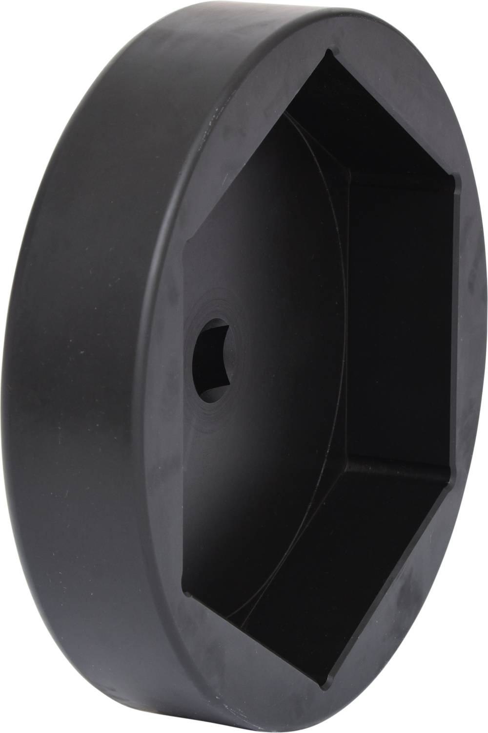 Czarny, sześciokątny uchwyt plastikowy, odpowiedni do wymiany filtra oleju w pojazdach.