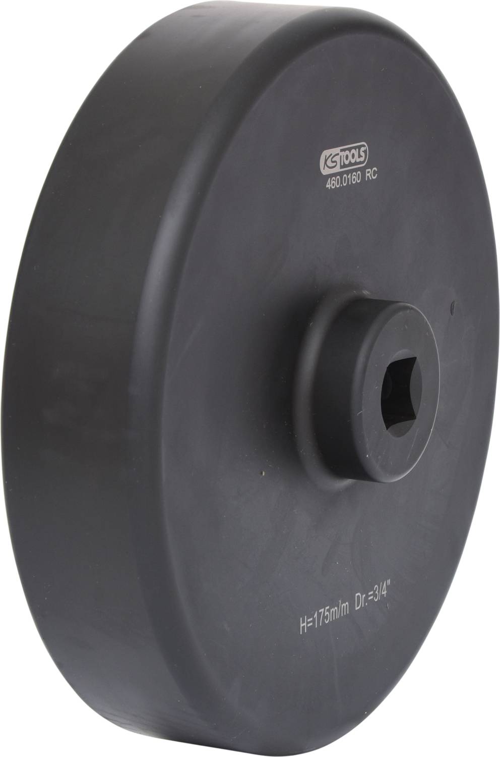 Czarny, okrągły metalowy element z wycięciem. Oznaczony napisem 'KS Tools 460.0160 RC H=175mm Dr=3/4'. Przeznaczenie nieznane.