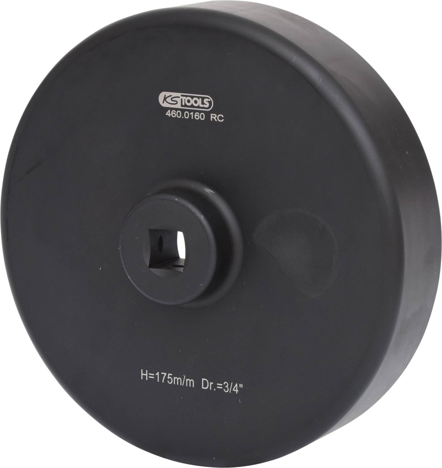 Okrągła, czarna tuleja narzędziowa z napisem 'KS TOOLS 480.0160 RC, H=175m/m Dr.=3/4', prawdopodobnie przeznaczona do napraw samochodowych.