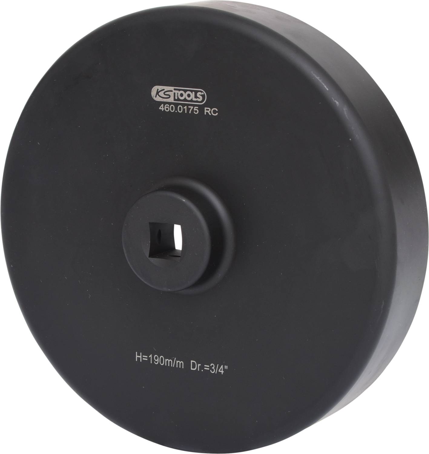 Czarny, okrągły ściągacz marki KS Tools z kwadratowym otworem pośrodku. Napis wskazuje numer modelu i wymiary.