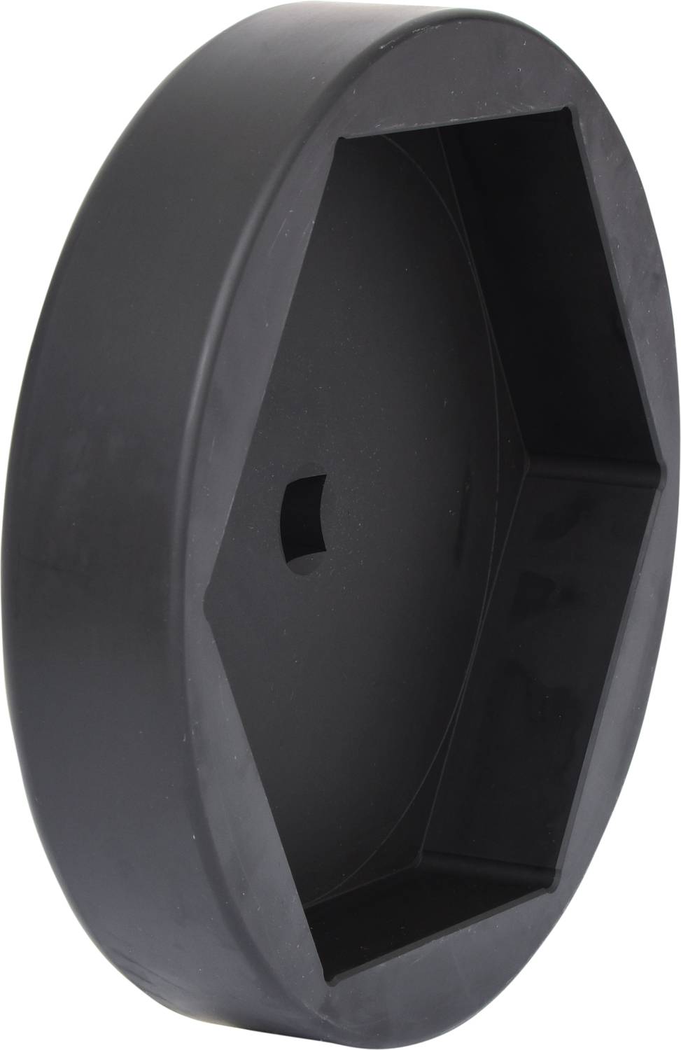 Czarne plastikowe koło z sześciokątnym otworem na oś, prawdopodobnie część zamienna do urządzenia lub pojazdu.