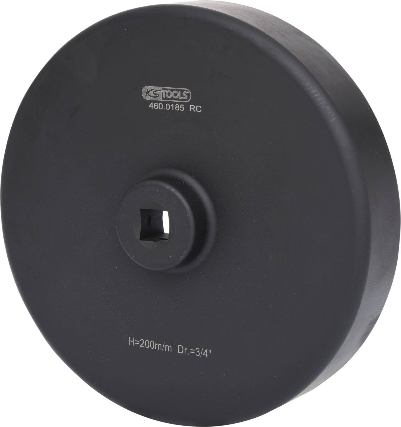 Czarny, okrągły adapter firmy KS Tools z kwadratowym złączem pośrodku. Napis: 'H=200mm Dr.=3/4'' oraz '460.0185 RC'.