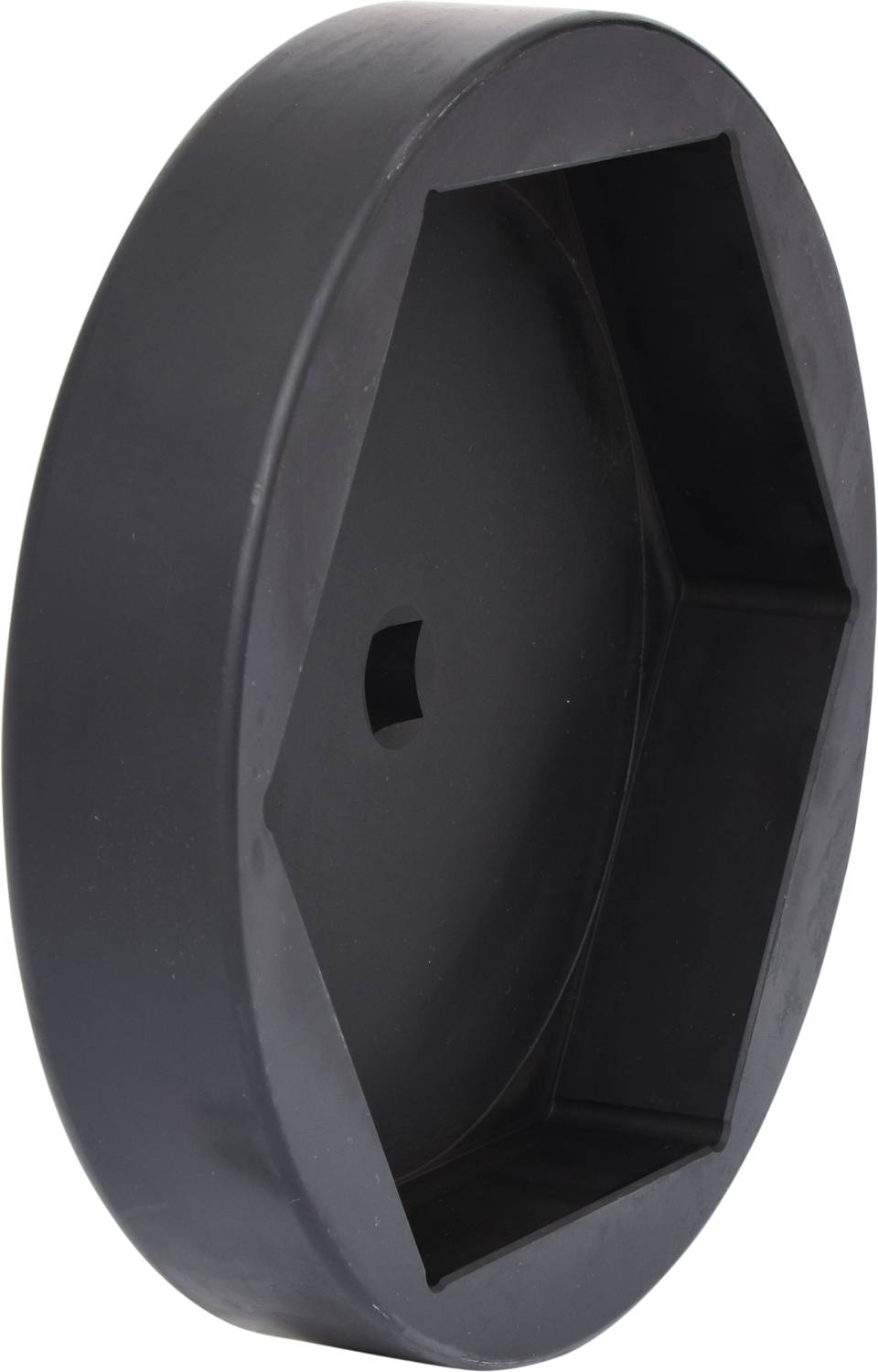 Okrągły, czarny obiekt z sześciokątnym wcięciem pośrodku. Wygląda na część zamienną lub narzędzie.