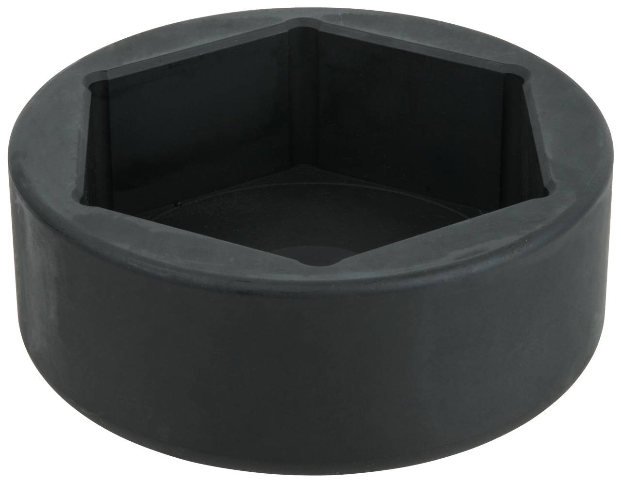 Duży, sześciokątny czarny metalowy adapter klucza używany w narzędziach do odkręcania śrub lub nakrętek.