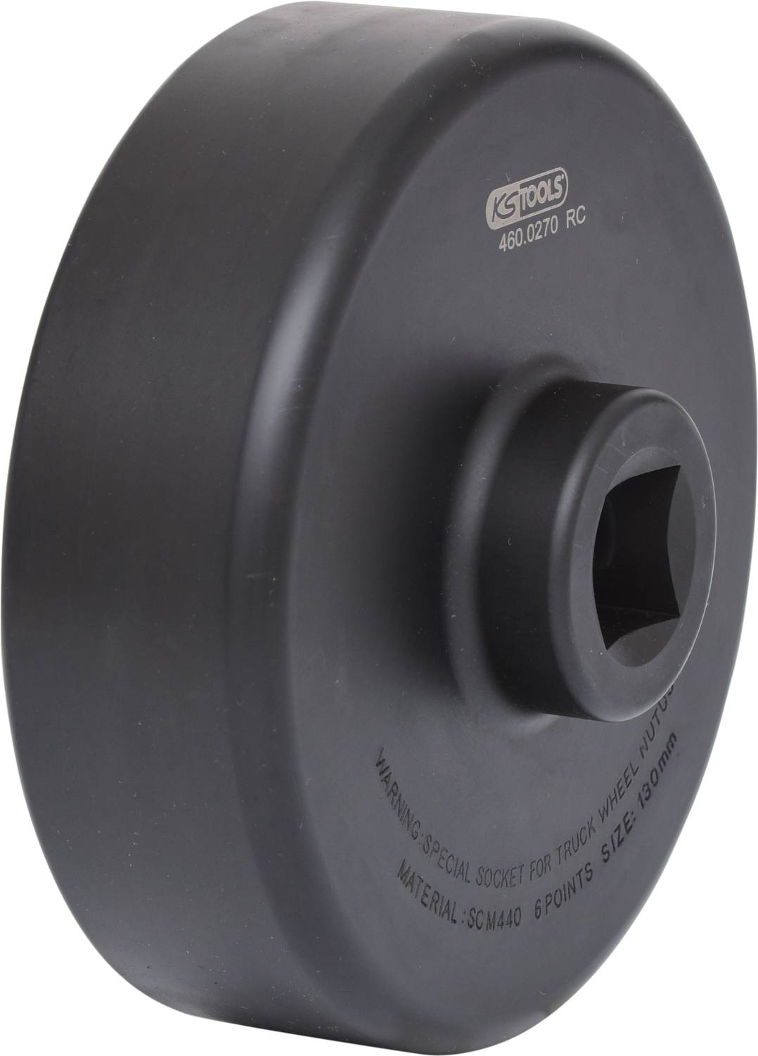 Duży, czarny klucz specjalny do nakrętek kół ciężarówek z napisem "OSTRZEŻENIE: SPECJALNY KLUCZ TYLKO DO NAKRĘTEK KÓŁ CIĘŻARÓWEK".