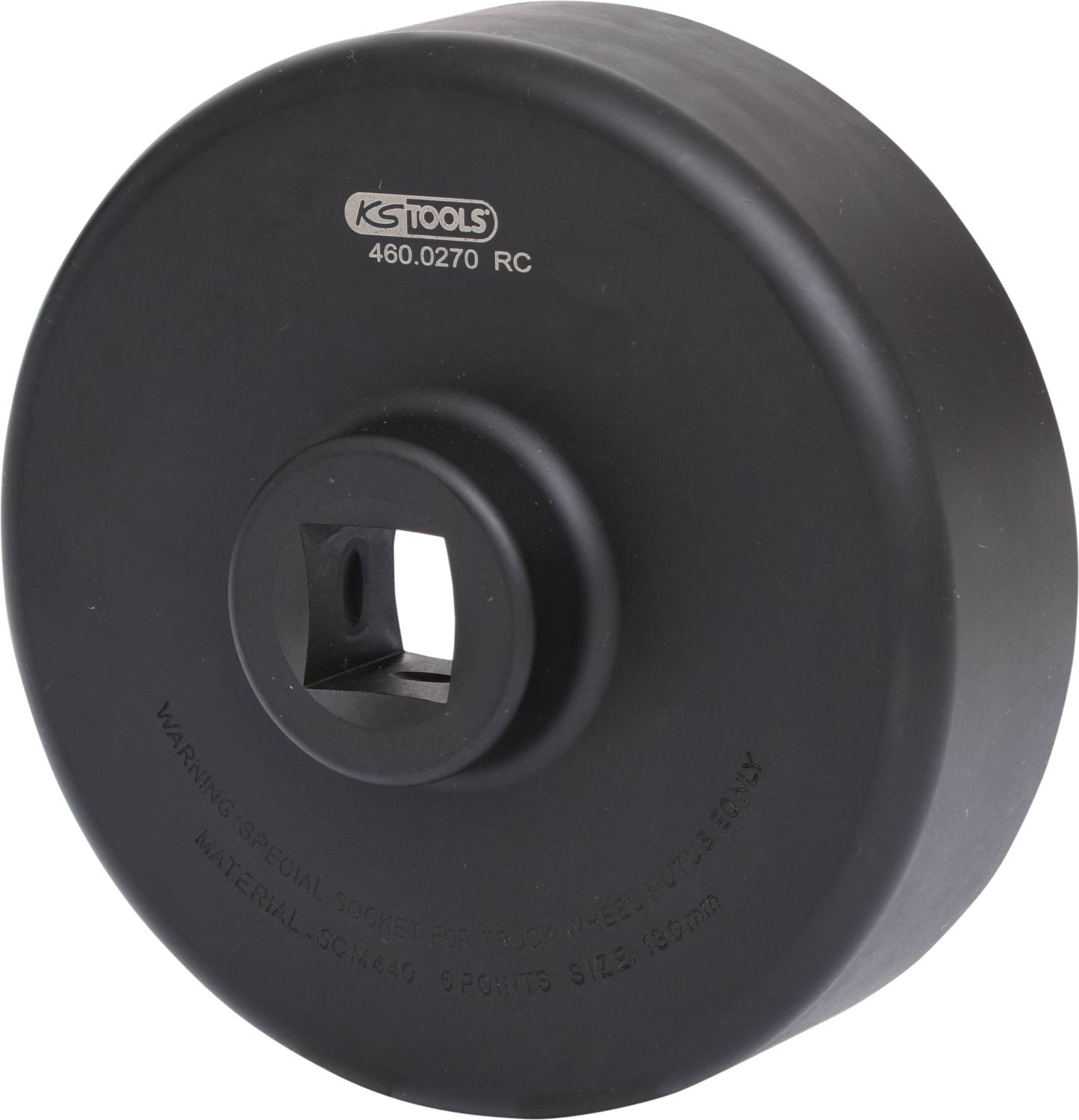 Czarny, okrągły uchwyt narzędziowy z kwadratowym wycięciem pośrodku i napisem 'KS Tools 460.0270 RC'.
