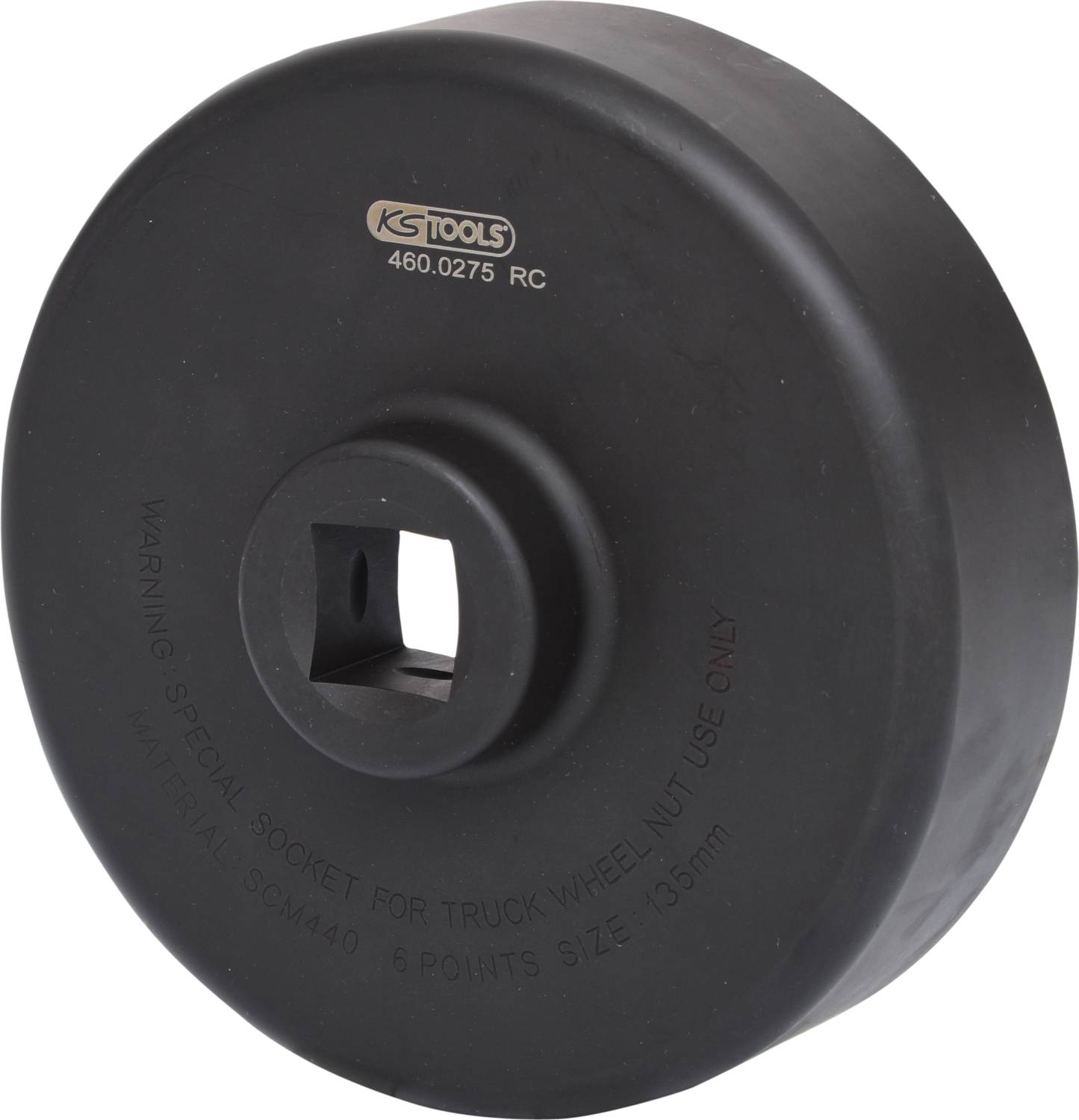 Czarny specjalny adapter do nakrętek kół ciężarówek marki KS Tools. Wymiary: 135 mm, materiał: SCM440. Nadruk "Tylko do użytku w pojazdach ciężarowych."