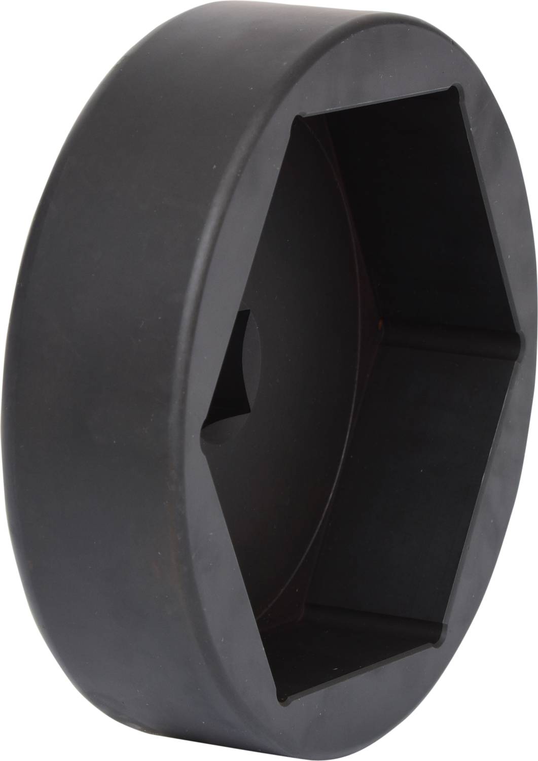 Czarna, sześciokątna plastikowa nakładka na nakrętkę koła, widok z boku. Stosowana do ochrony lub zakrycia nakrętek w kołach pojazdów.