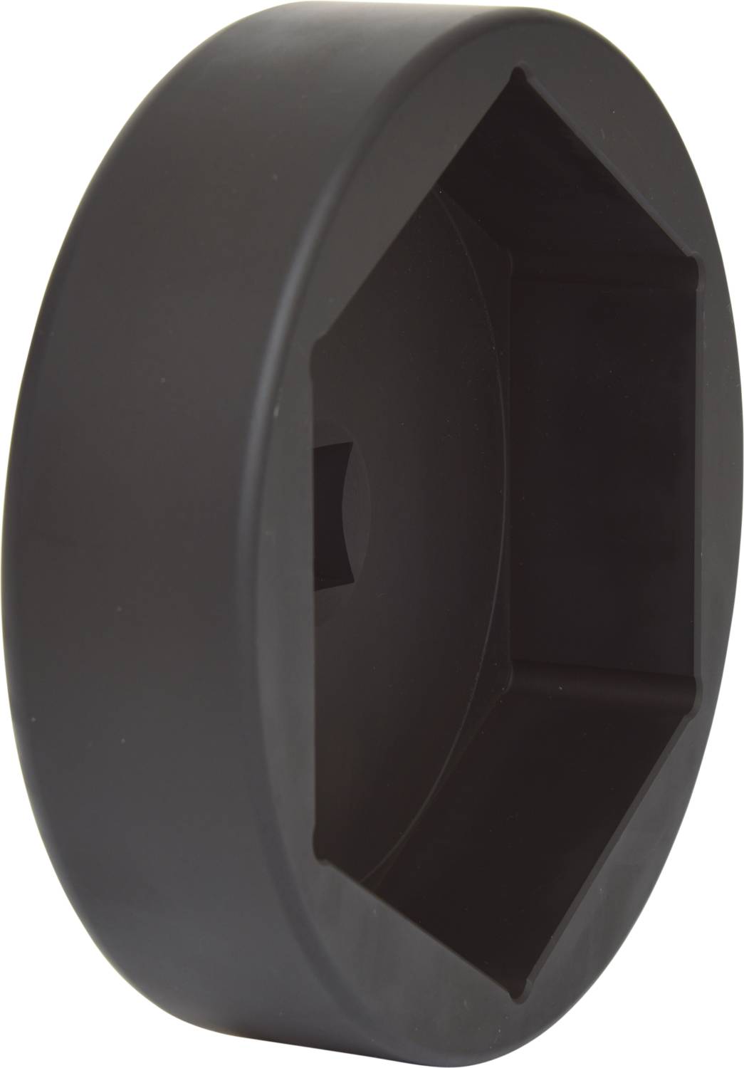 Czarny, heksagonalny obiekt z tworzywa sztucznego o gładkich krawędziach, prawdopodobnie końcówka narzędziowa, prezentuje sześciokątny otwór.