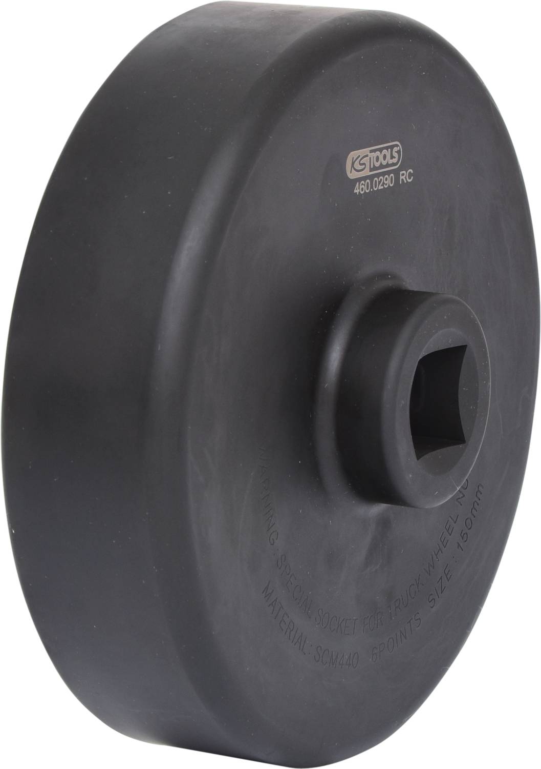 Czarna, okrągła nakrętka narzędziowa do pojazdów. Jest wytrzymała i zaprojektowana do profesjonalnego użytku.