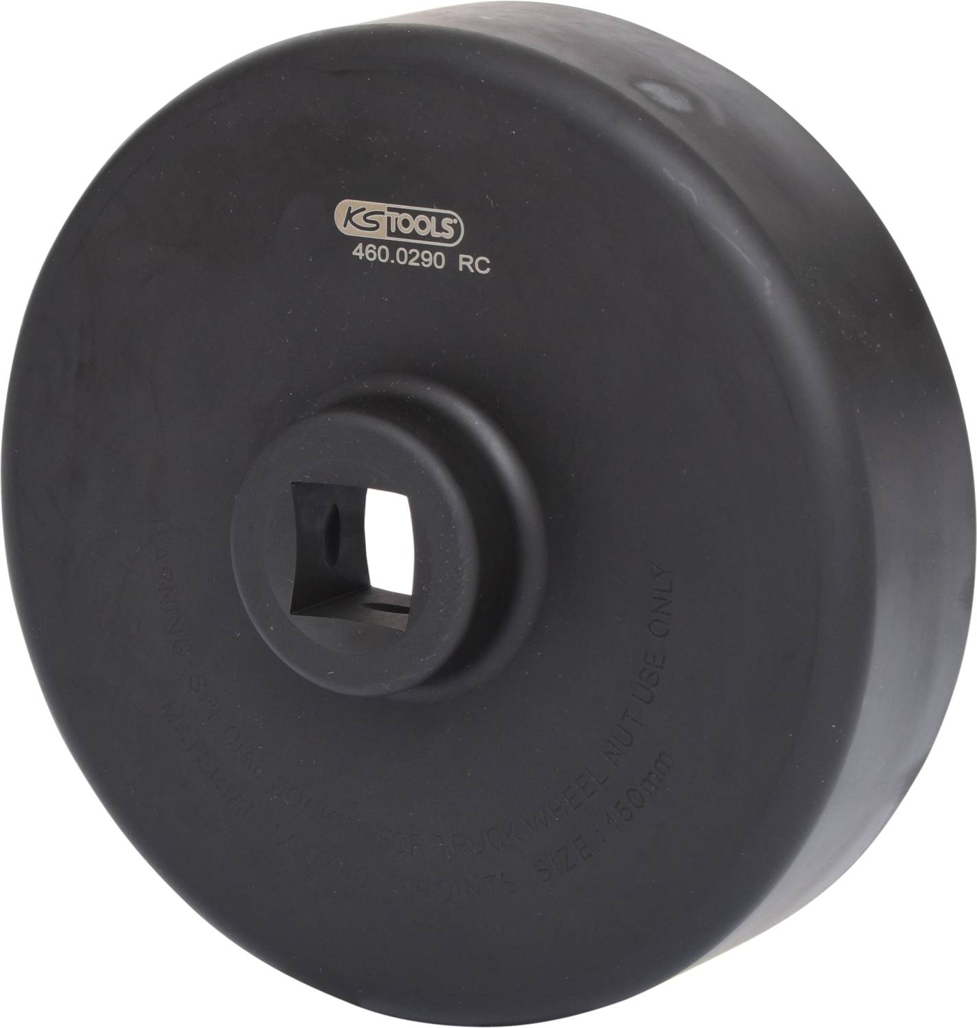 Czarny, okrągły uchwyt narzędziowy marki KS Tools z kwadratowym otworem pośrodku do mocowania narzędzia.