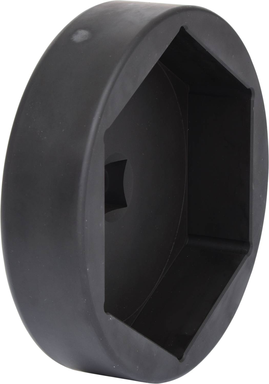 Czarny stalowy klucz do odkręcania filtrów oleju, w kształcie sześciokąta, widok z boku.