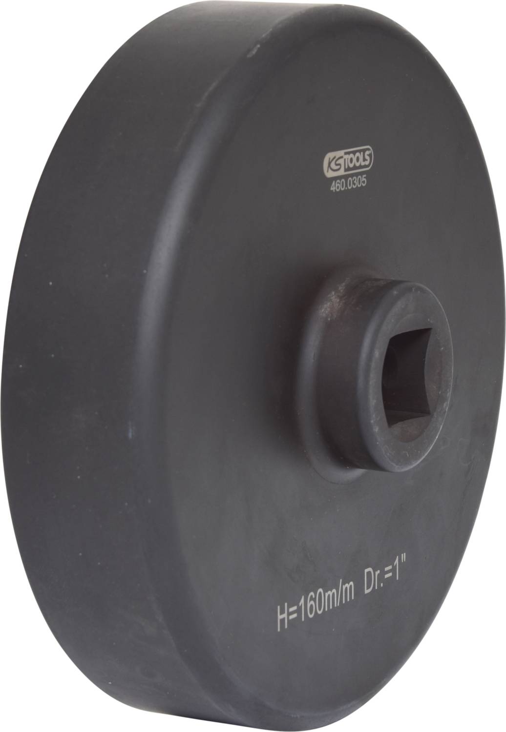 Czarna tarcza lub koło z kwadratowym otworem pośrodku, oznaczone napisem 'H=160mm Dr.=1"'.