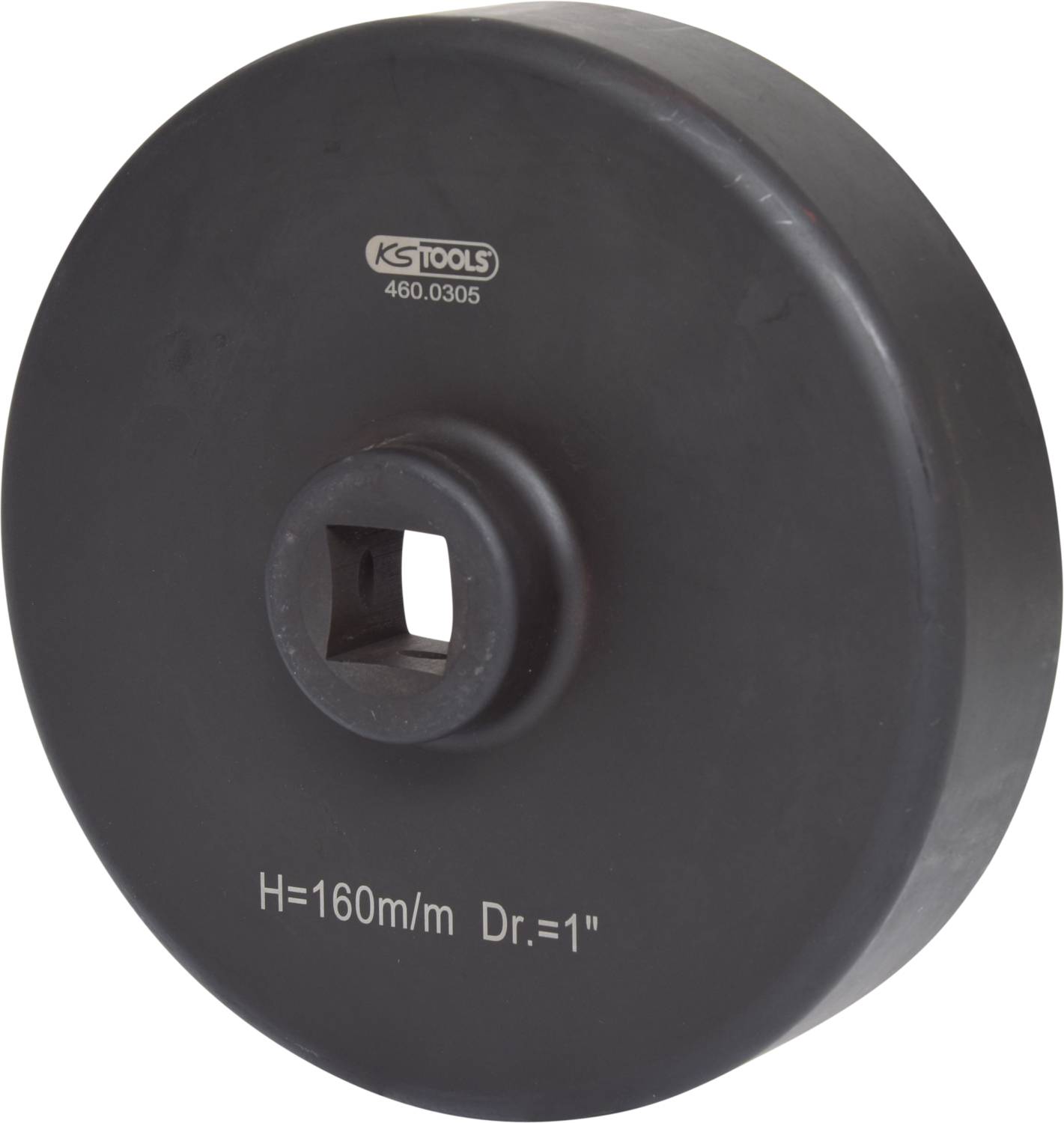 Czarny okrągły adapter firmy KS Tools, średnica 160 mm, otwór kwadratowy. Tekst na powierzchni: 'H=160mm Dr.=1'.