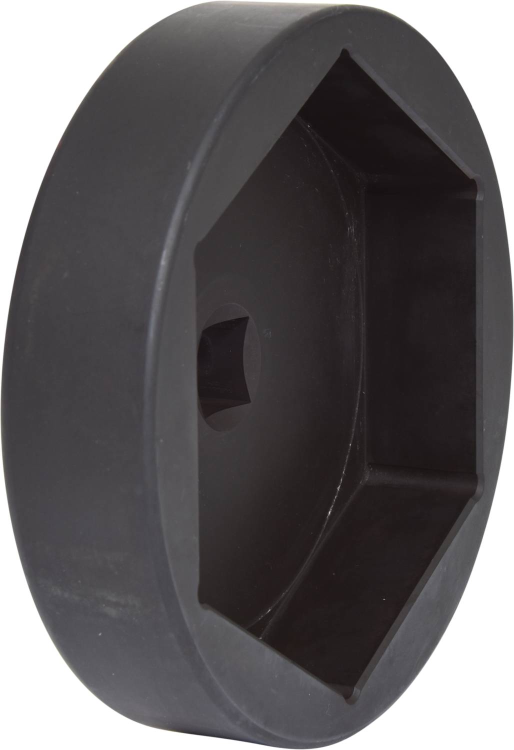Czarny, okrągły nasadowy klucz zapadkowy z sześciokątnym gniazdem wewnętrznym, przeznaczony do użycia z grzechotką lub kluczem dynamometrycznym.