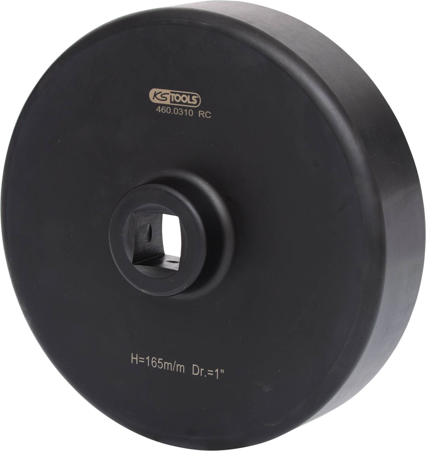 Czarna, okrągła oprawa narzędziowa firmy KS Tools z napisami '460.0310 RC' oraz 'H=165N/m Dr.=1"'.