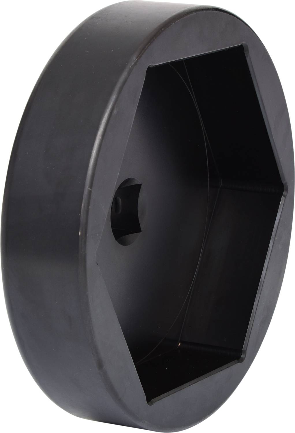 Czarny, sześciokątny element z tworzywa sztucznego o gładkiej powierzchni i głębokim otworze, prawdopodobnie specjalistyczne narzędzie lub element obudowy.
