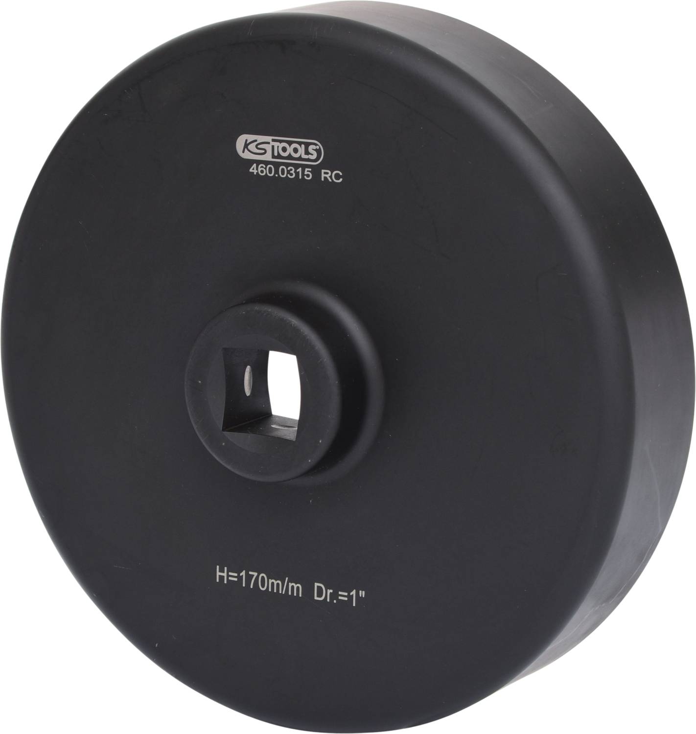 Czarne narzędzie firmy KS Tools z kwadratowym otworem pośrodku. Tekst na powierzchni zawiera numer modelu i wymiary.