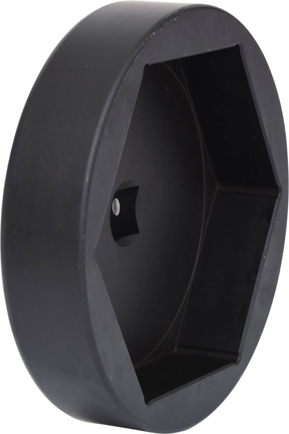 Czarny, sześciokątny plastikowy pokrywy z centralnym zagłębieniem.