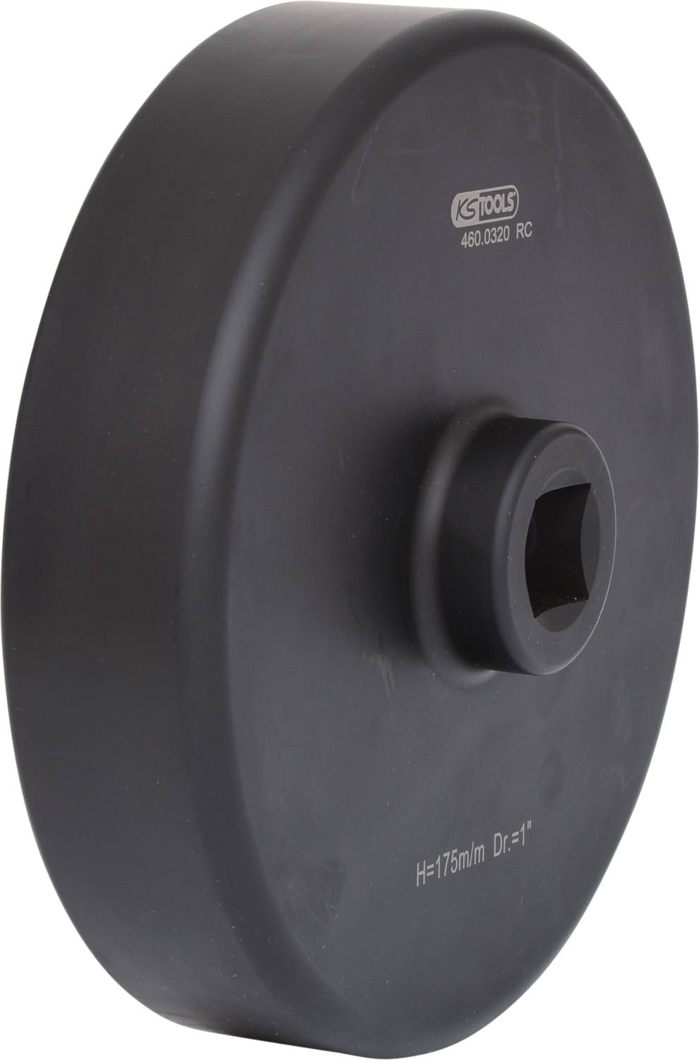 'Czarne, okrągłe narzędzie z centralnym otworem do klucza dynamometrycznego. Oznaczenie: H=175mm Dx1''. Logo marki: KS Tools.'