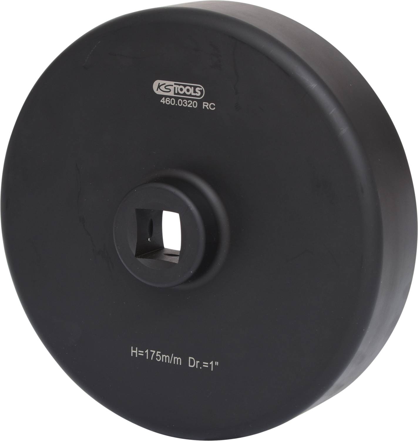 Czarny, okrągły uchwyt narzędziowy z kwadratowym otworem mocującym, z napisem 'KS Tools 460.0320 RC', H=175 mm, Śr.=1''.