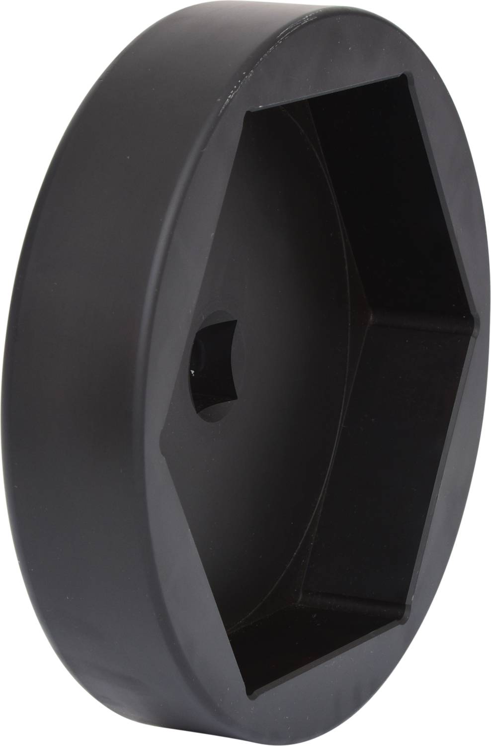 Czarny, sześciokątny element z tworzywa sztucznego, prawdopodobnie końcówka narzędziowa lub adapter.