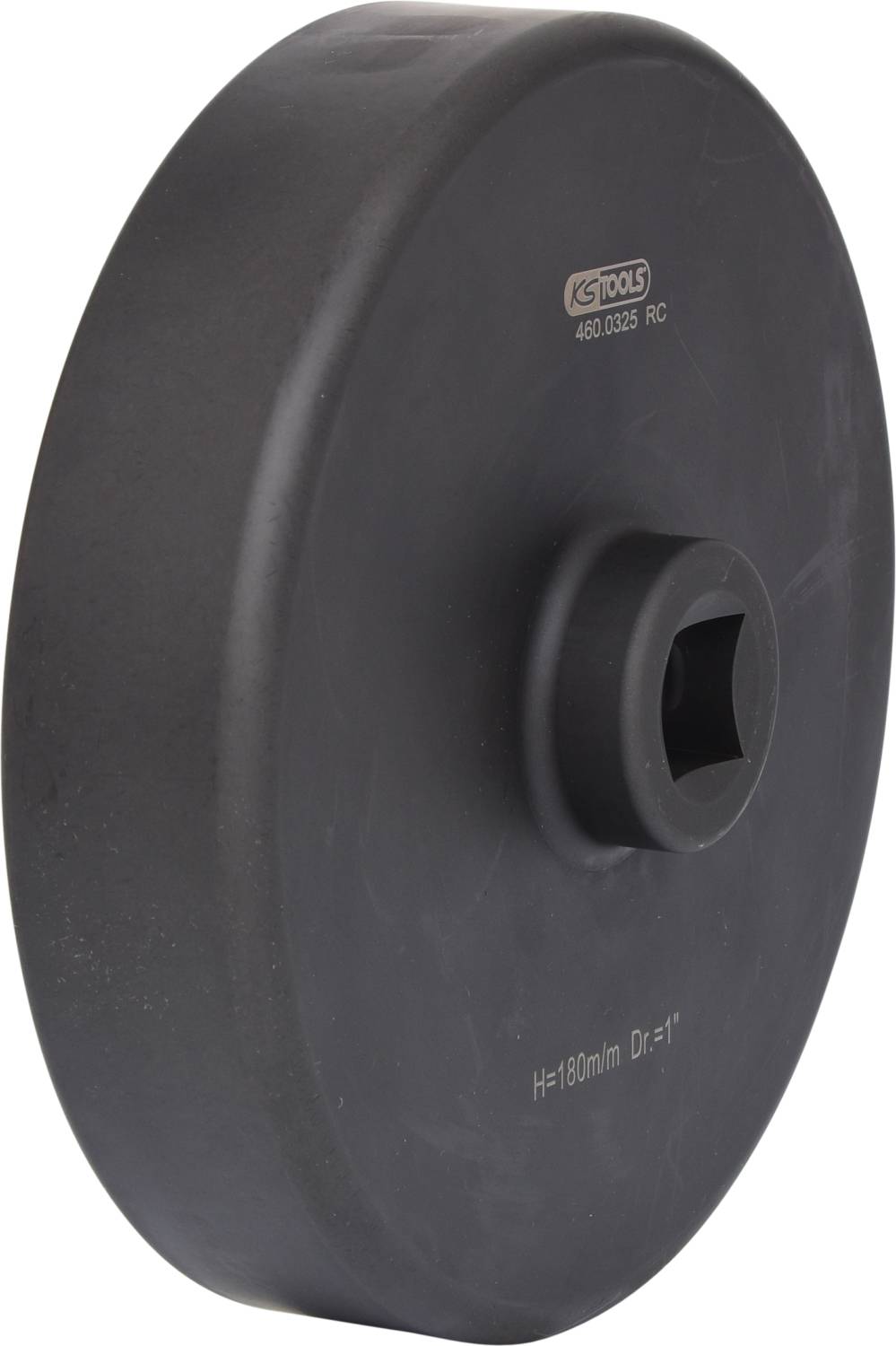 Czarny cylindryczny klucz specjalny, prawdopodobnie do prac mechanicznych lub konserwacji pojazdów, z kwadratowym otworem.