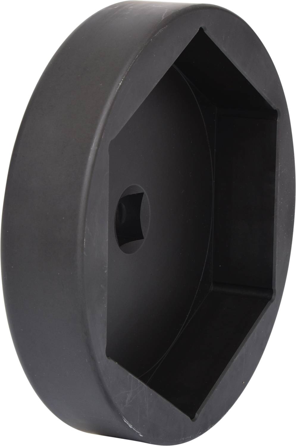 Czarna sześciokątna metalowa tuleja o okrągłym kształcie zewnętrznym, widziana z boku, prawdopodobnie nakładka na głowicę narzędziową.