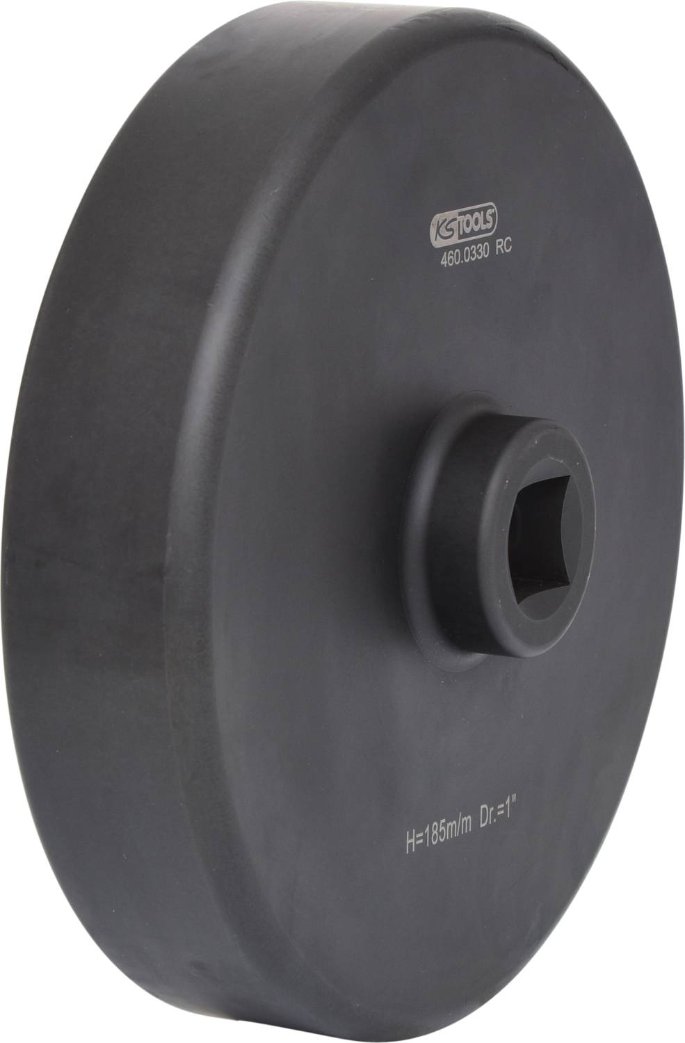 Okrągły czarny blok metalowy z centralnym otworem kwadratowym i wygrawerowanym napisem: 'H=185mm Dr=1".'