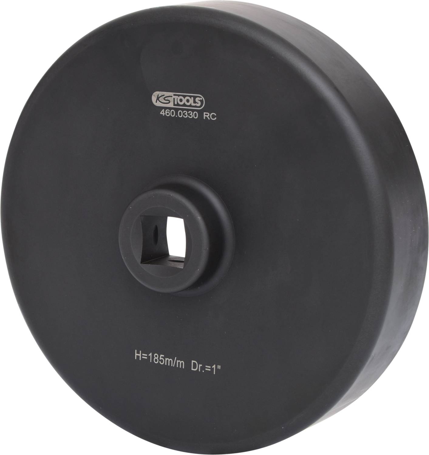 Czarne narzędzie o kształcie okrągłym, z napisem 'KS Tools 460.0330 RC', kwadratowym otworem wewnętrznym oraz oznakowaniem wymiarów.