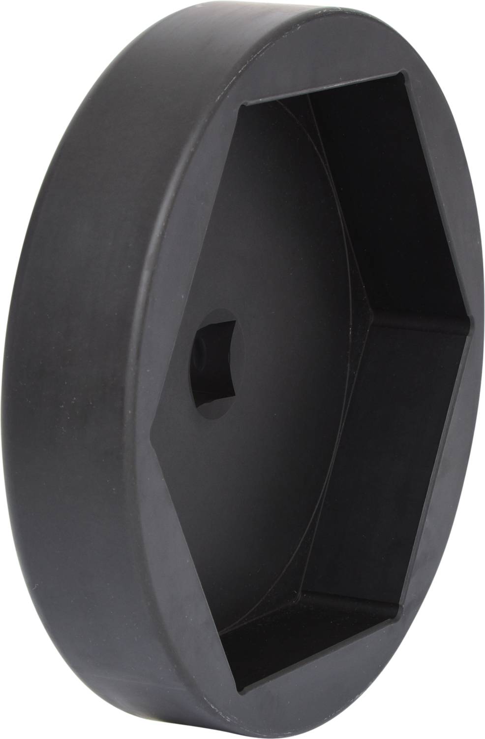 Czarny, sześciokątny nasadka z tworzywa sztucznego, widoczna z boku z okrągłym otworem pośrodku, używana w zastosowaniach maszynowych lub narzędziowych.