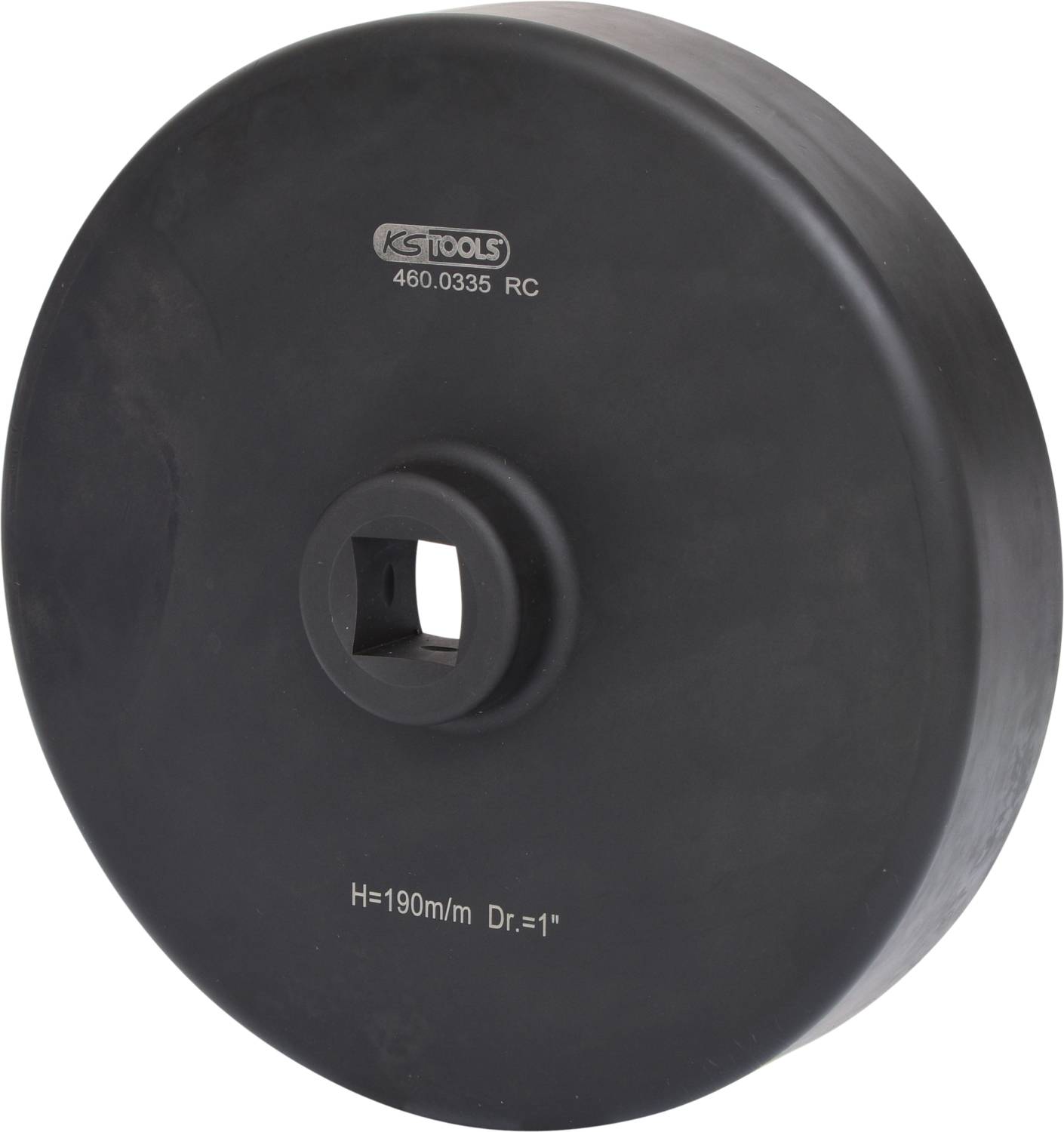 Czarny, okrągły adapter KS Tools z kwadratowym otworem i napisem 'H=190m/m Dr.=1''