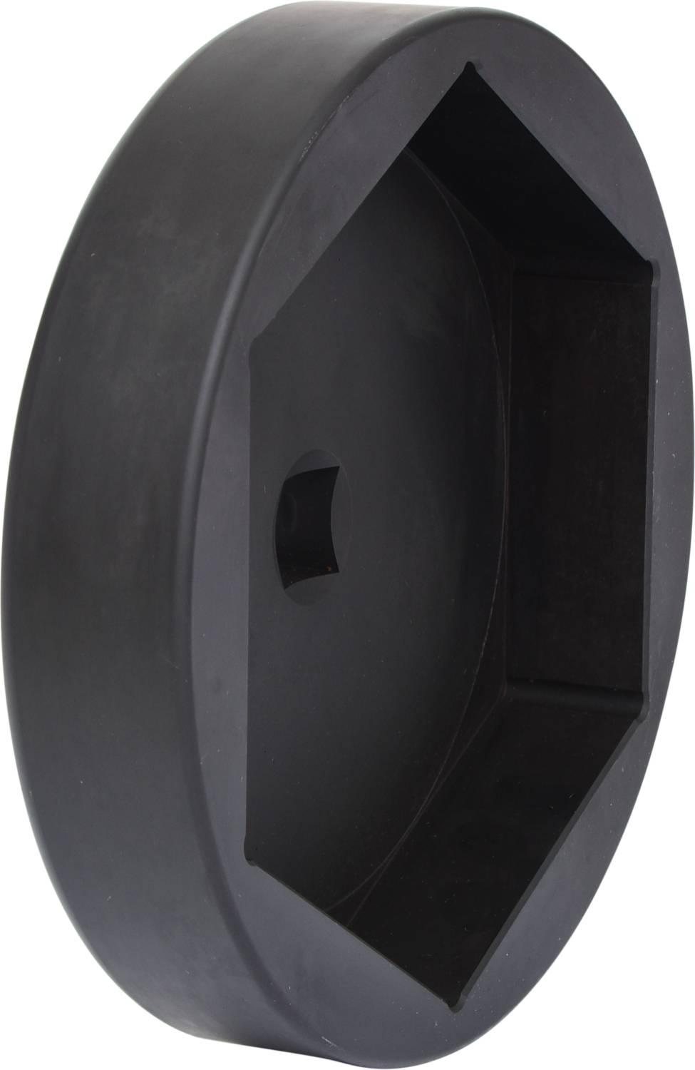 Czarny, sześciokątny korpus z tworzywa sztucznego z centralnym otworem, który służy jako osłona ochronna lub zamknięcie.