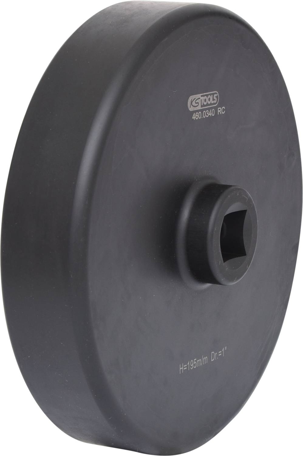 Duży, okrągły czarny klucz do filtra oleju z kwadratowym otworem pośrodku, z oznakowaniem 'KS TOOLS 460.0346 RC'.
