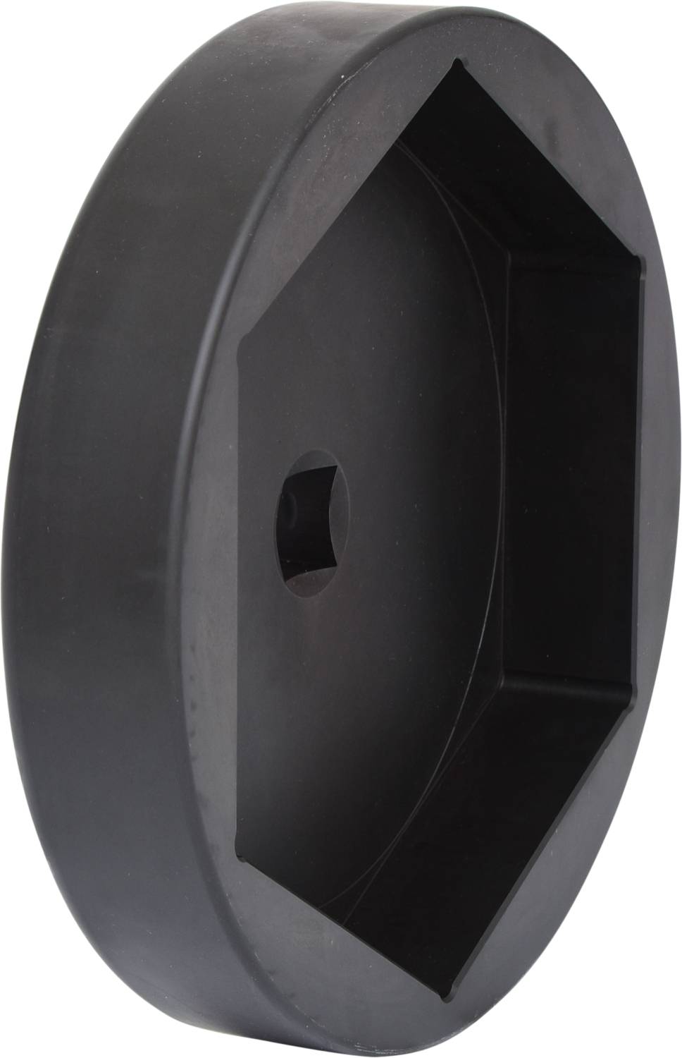 Czarna, sześciokątna część z tworzywa sztucznego z okrągłą krawędzią zewnętrzną, prawdopodobnie pokrywa lub wkładka do specjalnego zastosowania.