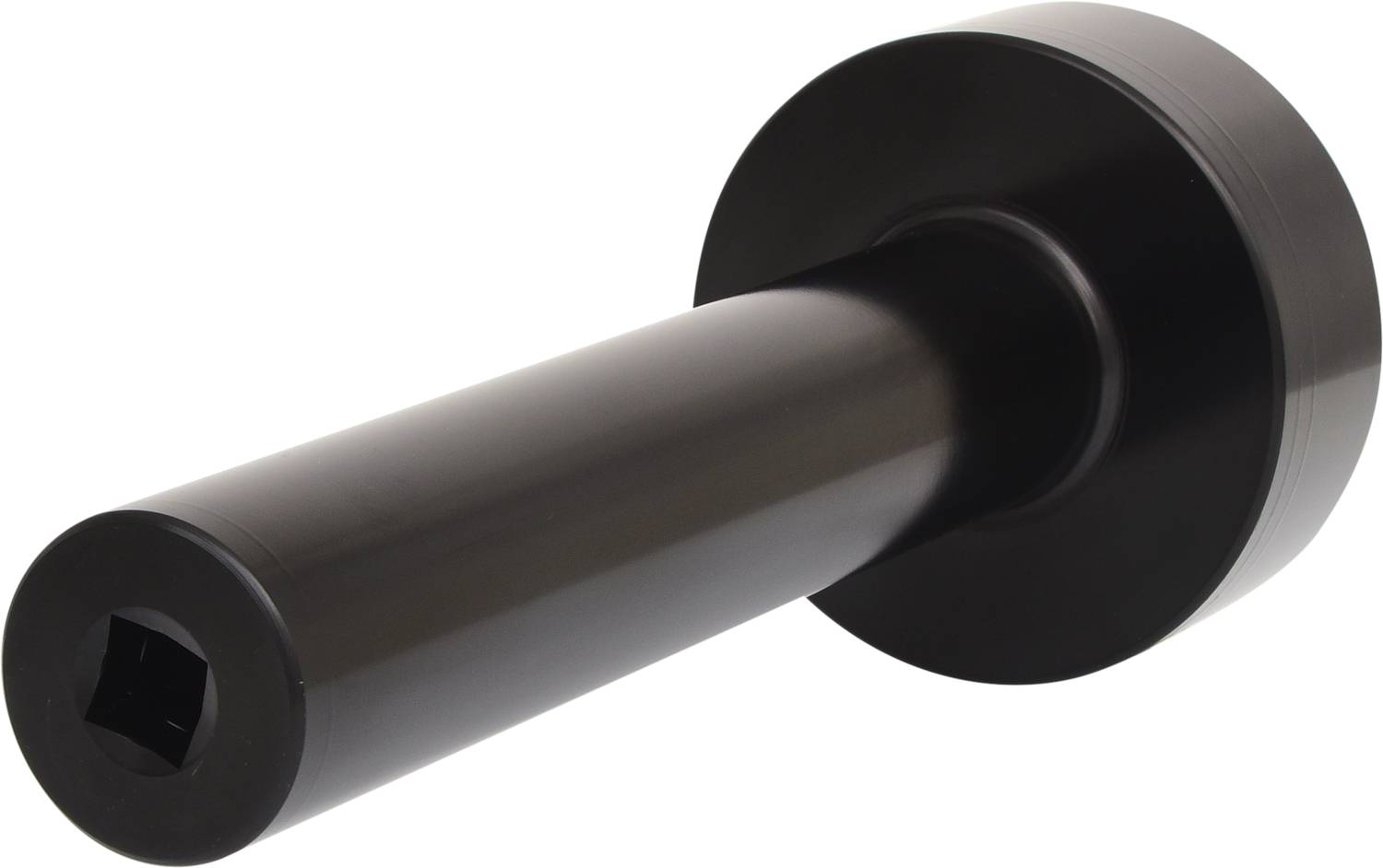 Czarne, cylindryczne narzędzie z szeroką głowicą i kwadratowym otworem na końcu, prawdopodobnie element zestawu narzędzi.