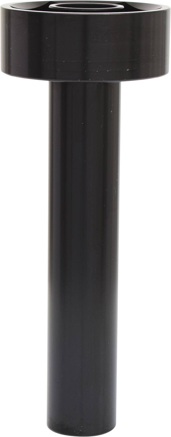 Czarny metalowy długopis z cylindryczną końcówką, ustawiony pionowo na białym tle.