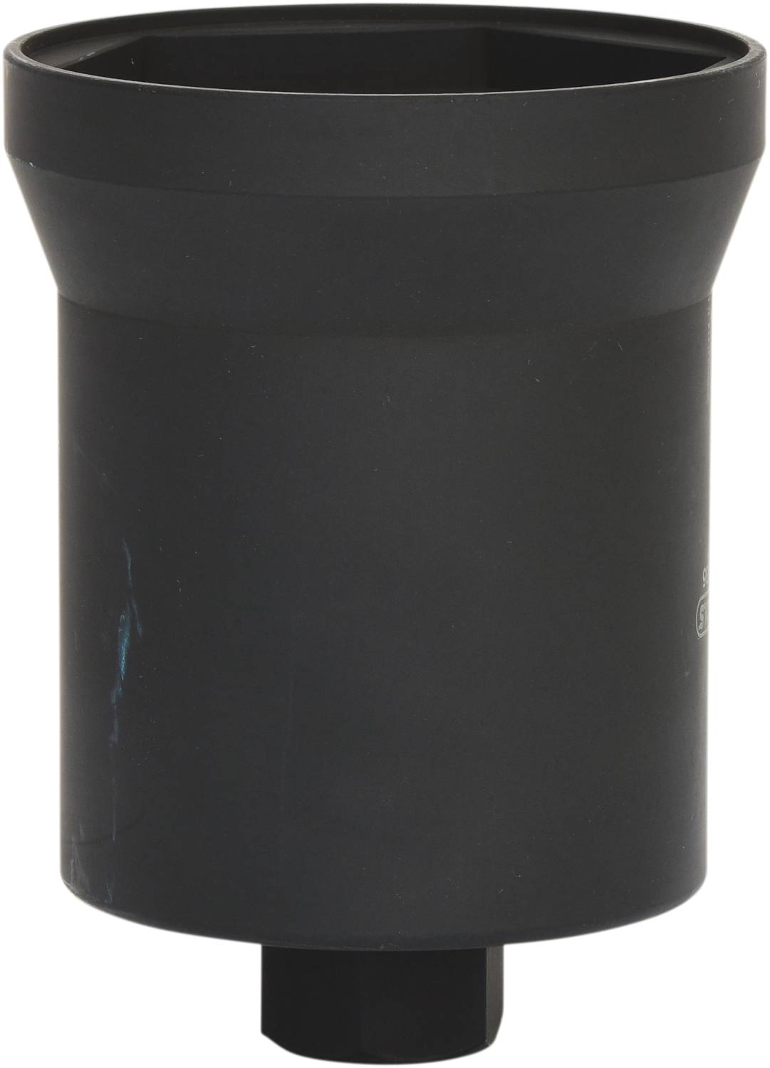 Czarny, cylindryczny pojemnik, prawdopodobnie filtr lub pokrywa, na białym tle.