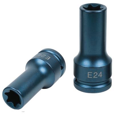 Dwa niebieskie klucze nasadowe Torx z końcówką E z napisami 'E24' i 'E24' w różnych pozycjach.