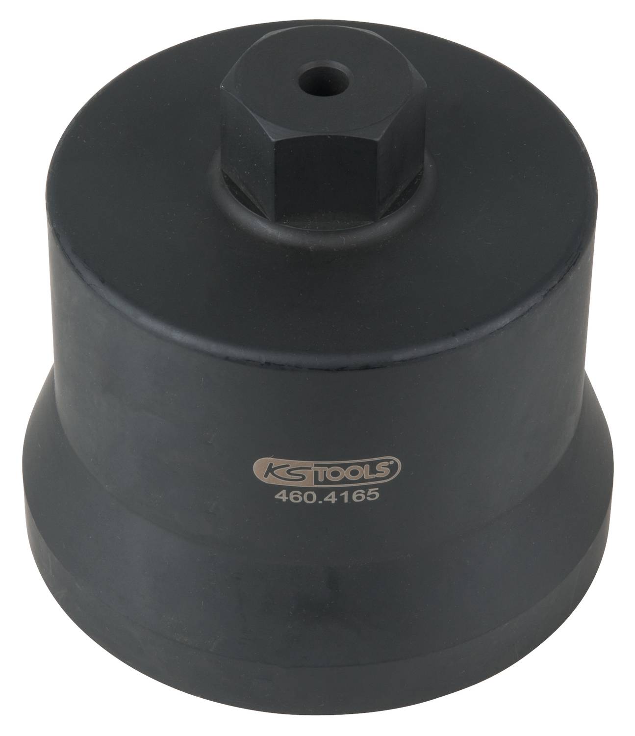 Czarno-metaliczny uchwyt narzędziowy do zastosowań motoryzacyjnych, o cylindrycznym kształcie z sześciokątną główką, z grawerowanym logo marki 'KS Tools'.