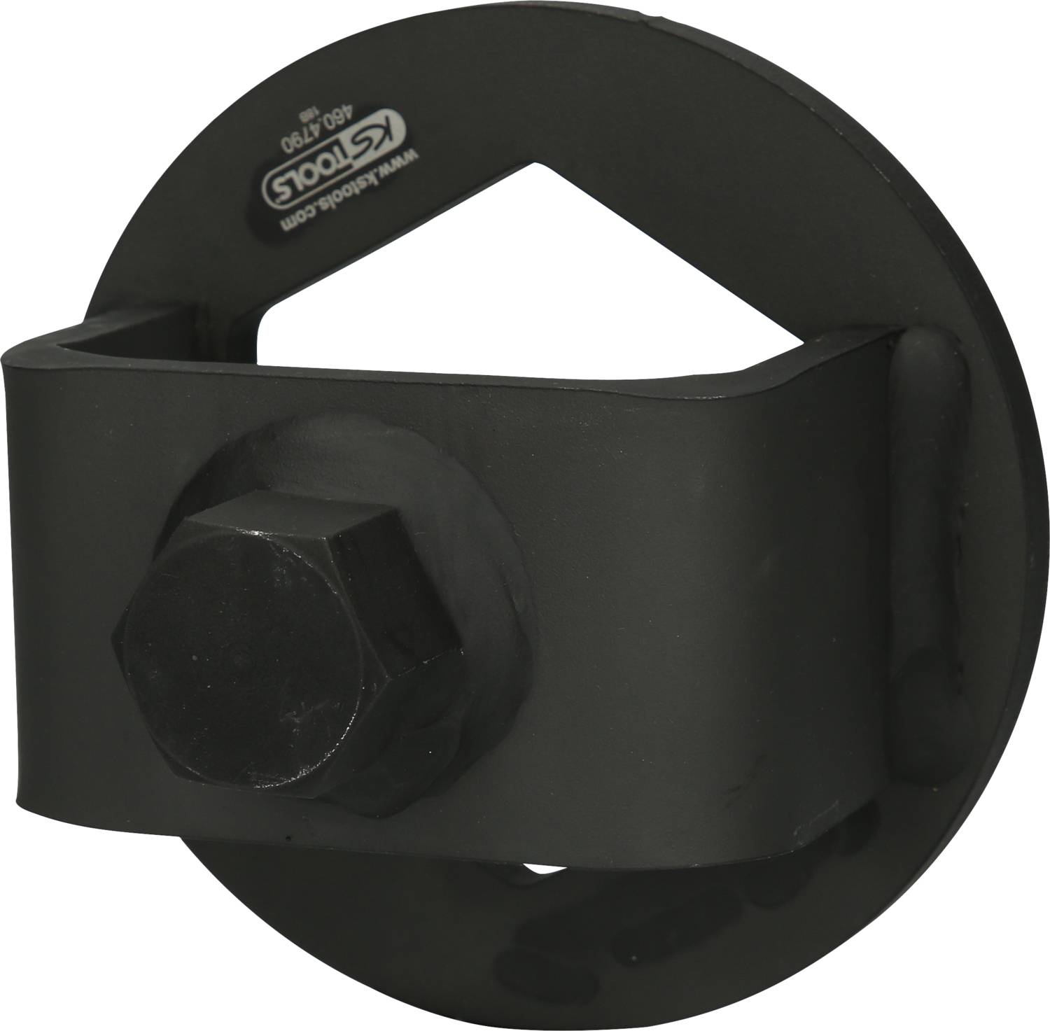 Czarny, okrągły metalowy narzędzie z sześciokątną nakrętką pośrodku, służący do mocowania lub odkręcania elementów mechanicznych.