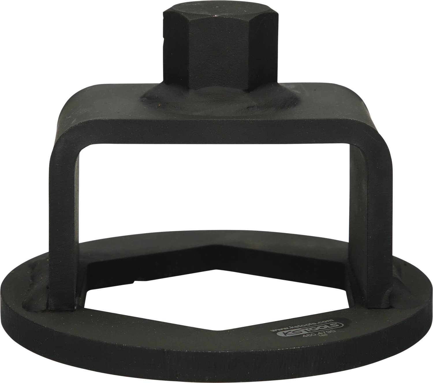 Metalowy ściągacz do filtrów oleju w kolorze czarnym, z okrągłą podstawą i prostokątnym uchwytem u góry, przeznaczony do usuwania filtrów oleju.