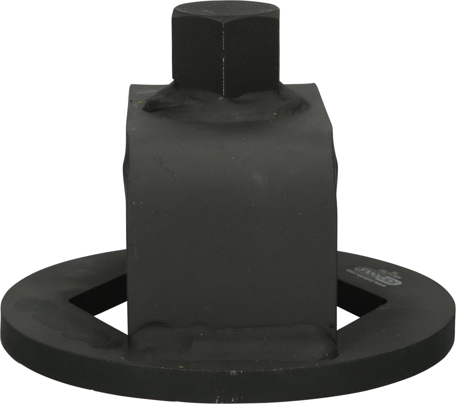 Czarny metalowy element narzędziowy z sześciokątną główką i okrągłą podstawą, prawdopodobnie będący częścią urządzenia technicznego.