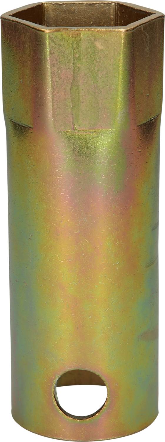 Sześciokątny, metalowy klucz do świec zapłonowych z otworem z boku, używany do demontażu lub montażu świec zapłonowych.