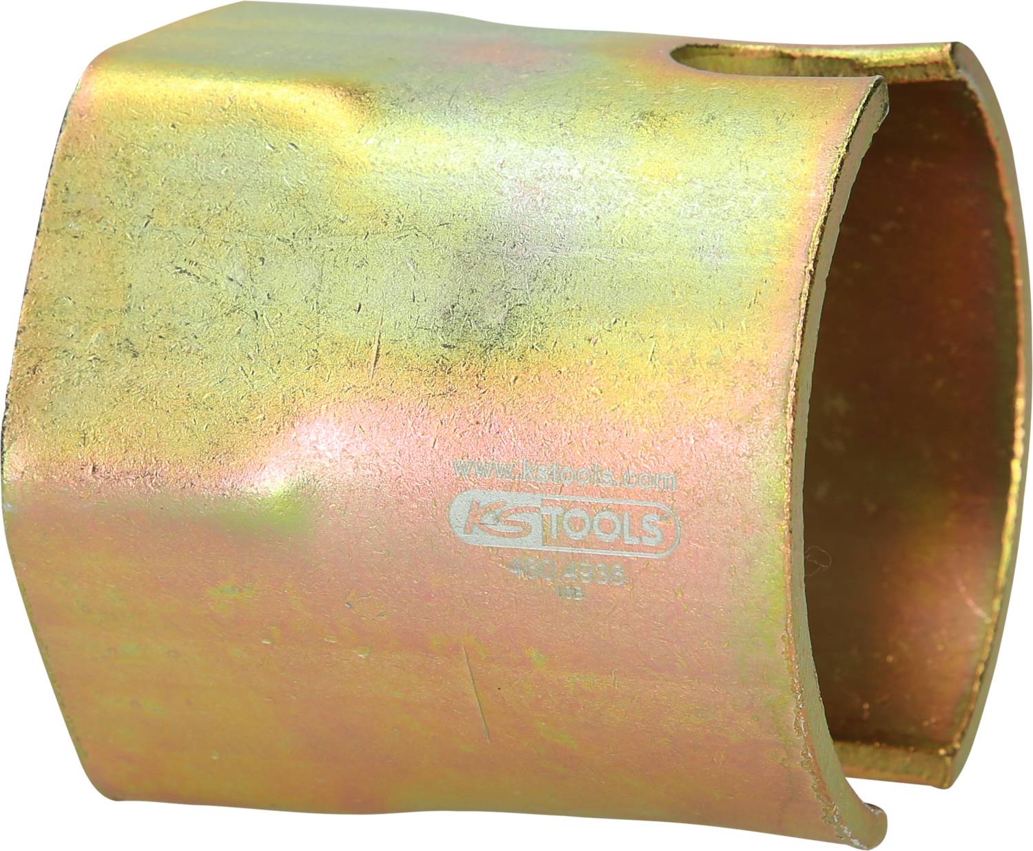 Mosiężny, zakrzywiony element łączący lub adapter złącza rurowego. Widoczny napis 'KS TOOLS'.