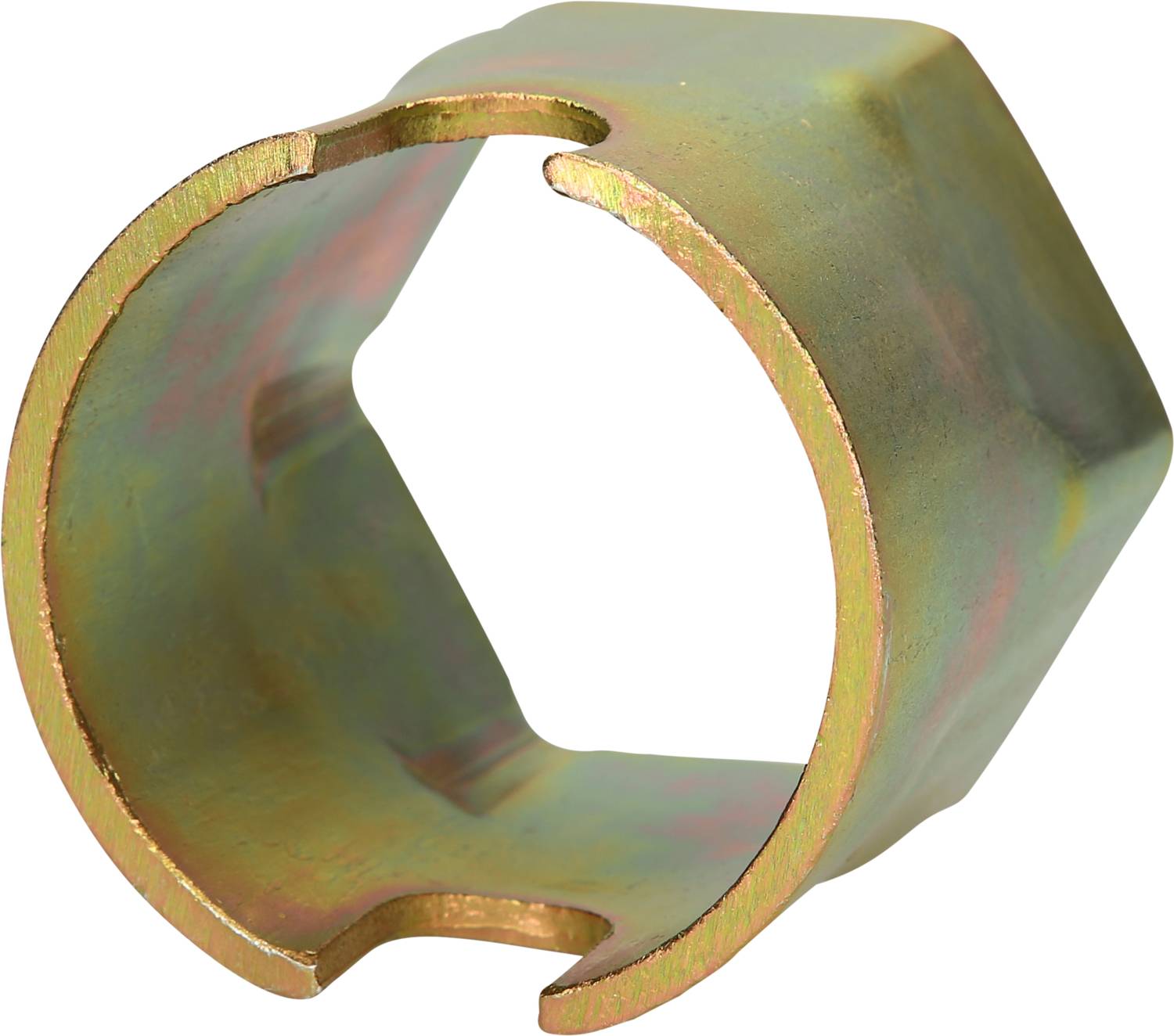 Metalowy, sześciokątny adapter z otwartą stroną, często stosowany w naprawach samochodowych do odkręcania nakrętek lub śrub.