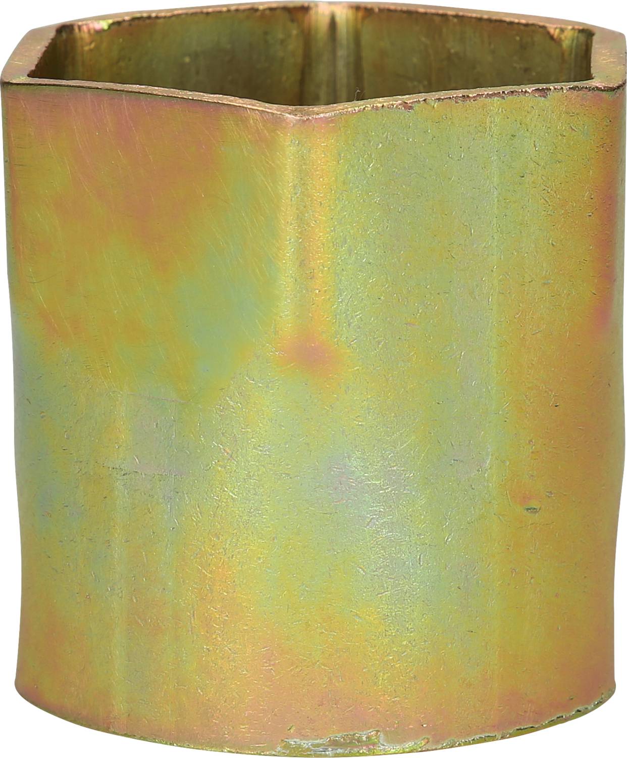 Żółty metalowy przedmiot o kształcie sześciokąta, stojący pionowo. Powierzchnia mieni się różnymi odcieniami.