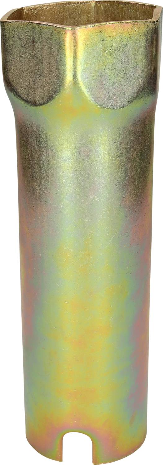 Podłużny, złociście połyskujący cylinder metalowy z otwartą górą i postrzępionym brzegiem u dołu.