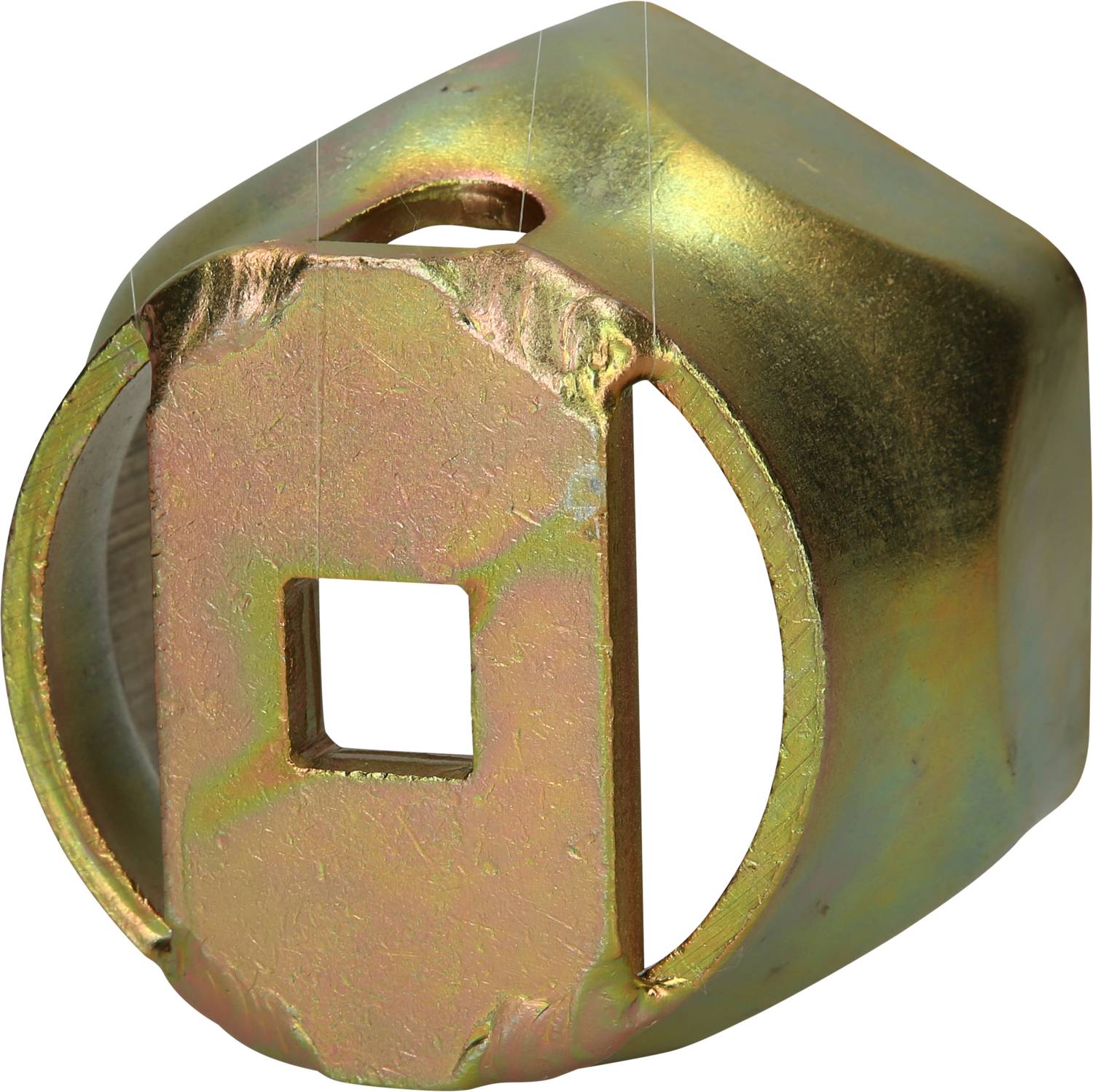 Złoty, sześciokątny element metalowy z kwadratowym otworem pośrodku. Charakteryzuje się solidną i przemysłową estetyką.