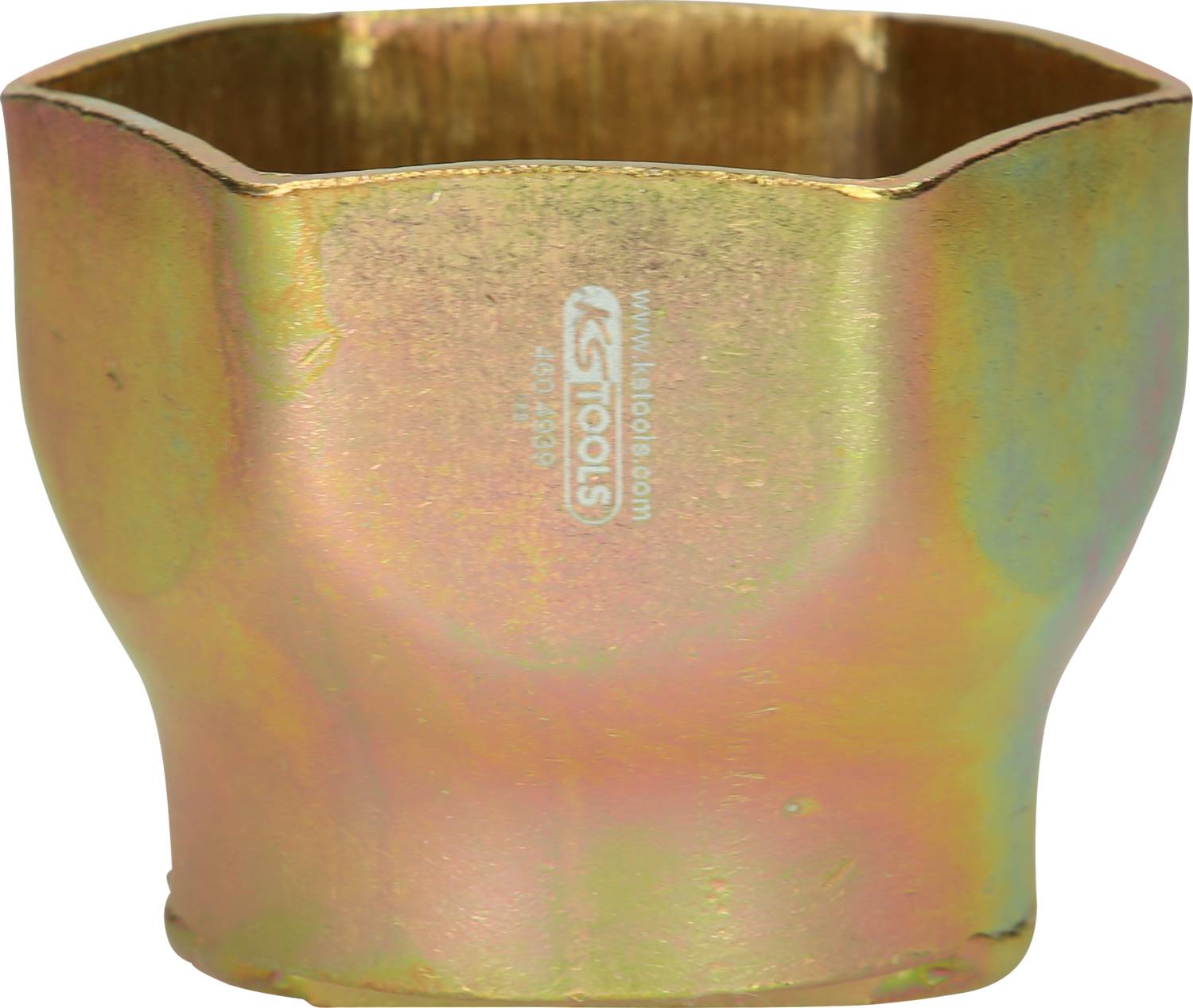 Sześciokątna metalowa nasadka z napisem KS Tools. Używana do prac mechanicznych, wygląda na solidną i złoto błyszczącą.